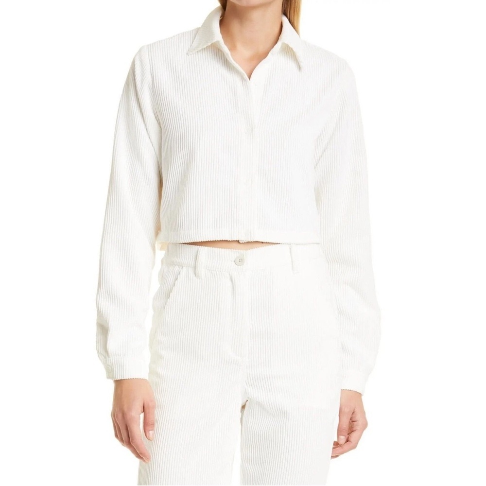 The Range Women Ivory Ribbed Corduroy Button-Up Collared Crop Shirt Size Small